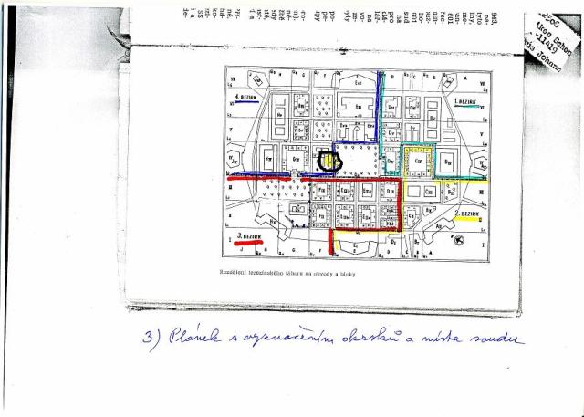 Plánek s vyznačení okrsků a umístění budovy soudu v ghettu (zeleně vyznačeno)