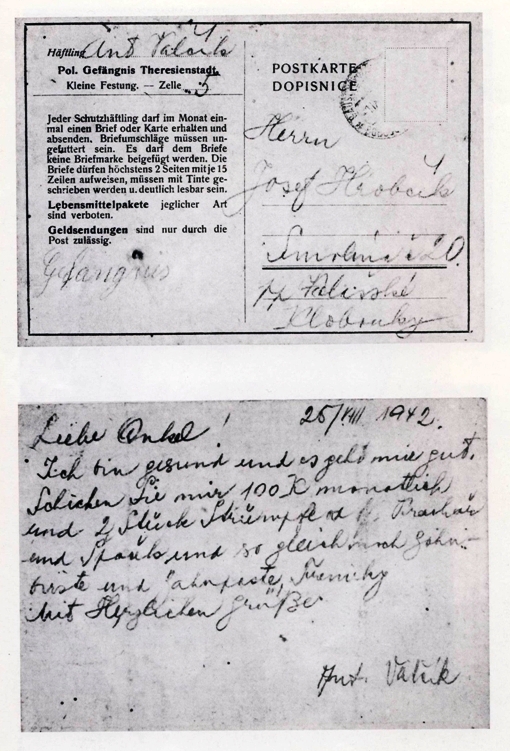 Dopisnice Antonína Valčíka (bratra Josefa Valčíka) z věznice gestapa v Malé pevnosti