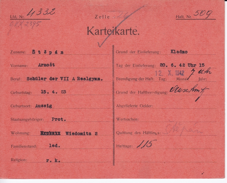 Vězeňská karta jednoho ze studentů, Arnošta Štěpána, APT 12731